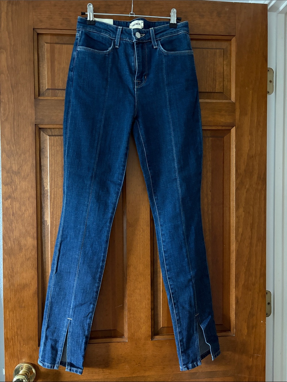 L’agence Denim Straight-Leg Jeans in Dark Blue Denim with Ankle Slits